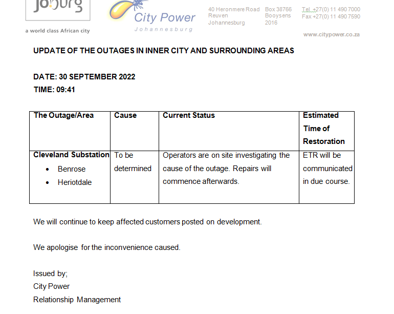 CityPowerJhb's tweet photo. #JoburgUpdates #ClevelandOutage
We are aware on the power outage affecting #Benrose, #Heriotdale and surrounding.
Team has been dispatched to investigate the cause of the outage. We regret the inconvenience caused.^LP https://t.co/xRQgohcdjW