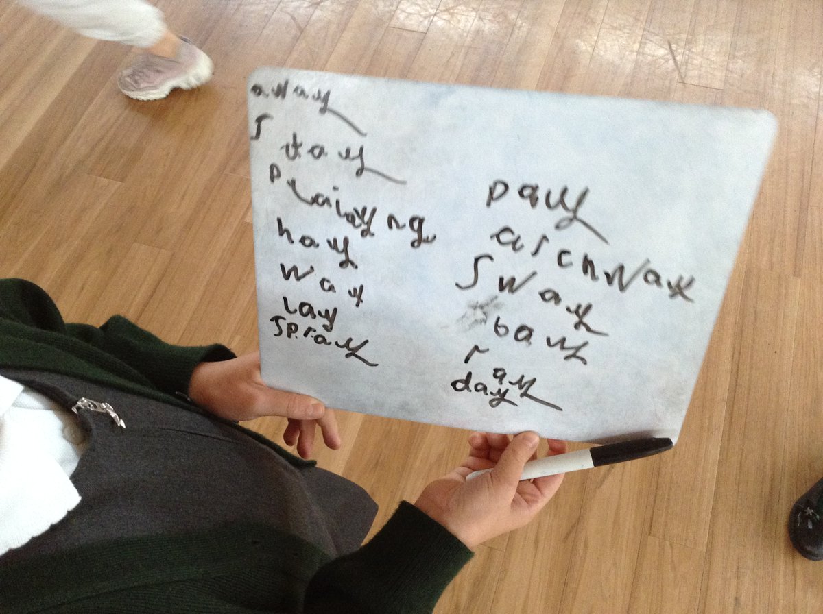 Miss Miah's phonics group enjoyed a scavenger hunt in the hall to find words containing the 'ay' sound!