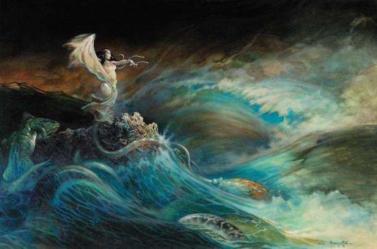 At St. Bees, beware a watery end whilst following the haunting melody from rocks where the Merfolk bask in the sun. The singer is a Sea Witch, lamenting her own children lost to the sea. #faustianfriday #Cumbria art: Frank Frazetta