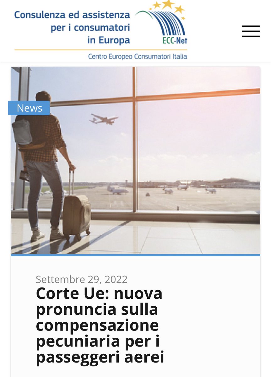🟦 Vuoi sapere l’ultima pronuncia della corte di Giustizia Ue in merito alla compensazione per i #passeggeri aerei? 
Leggi la nostra ultima news! 

➡️Rimani sempre aggiornato e clicca qui: bit.ly/3SHY4ej