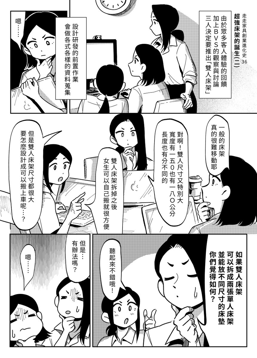 【 走走家具創業進化史 】
Vol.36 -「超強床架的誕生(二)」

B.V.S.決定推出雙人床架後,在研究與討論上下了不少功夫,終於設計出好拆裝、彈性變換,甚至能放入小客車等功能的夢幻雙人床,而下一階段即將準備......!?

原作 / 走走家具
漫畫 / 貞尼鹹粥 
