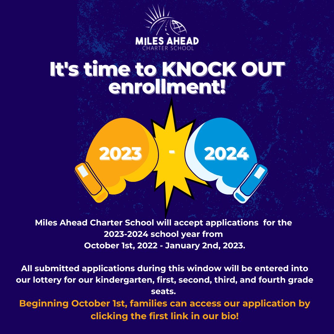 MilesAheadCS's tweet photo. Miles Ahead Charter School is ready to #knockout enrollment! Beginning October 1st - families can access our application link in our bio! #cobbcountyschools #gacharter #atlantacharter #milesaheadcharterschool https://t.co/s8s7LPxv2K