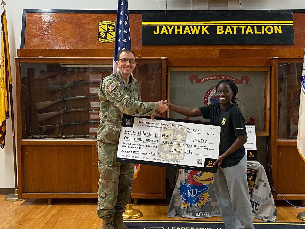 KU_ArmyROTC's tweet photo. #2 Congratulations to our first set of scholarship winners! Interested in ROTC scholarships?
Contact us at kuarmyrotc@ku.edu
#learntolead #leaderswanted #3rdbdearmyrotc #3rdbrigadearmyrotc #3bde #decidetolead #jayhawkbattalion @GoArmy @ArmyROTC https://t.co/zI6didlz21