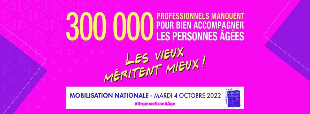 fnadepa's tweet photo. 📣"Les vieux méritent mieux !" 
J-4 notre grande mobilisation nationale pour exiger une réforme majeure du #Grandâge.  

➡RDV mardi (4 octobre) à 15h en format hybride.

En savoir plus ici ▶️https://t.co/oDK5Esi0WU
#UrgenceGrandÂge  #seniors https://t.co/CfHRC4ZxlN