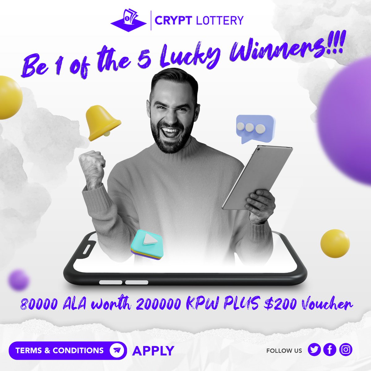 cryptl0ttery's tweet photo. 5 lucky winners will walk away with 80000 ALA worth of 200000 KPW. It could be you! 

Visit: https://t.co/aJE26WICNx and get your ticket!⁣

#crypto #NFT #nftgaming #alacrity #Defi #gamefi #blockchaingaming #playtoearn #metaverse #referral #digitalassets #cryptolottery https://t.co/aNIeEe58ga