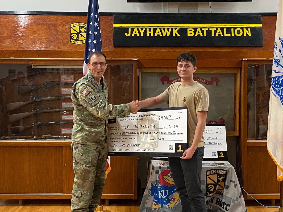 KU_ArmyROTC's tweet photo. #3 Congratulations to our first set of scholarship winners! Interested in ROTC scholarships?
Contact us at kuarmyrotc@ku.edu
#learntolead #leaderswanted #3rdbdearmyrotc #3rdbrigadearmyrotc #3bde #decidetolead #jayhawkbattalion @GoArmy @ArmyROTC https://t.co/FtsNytsK26