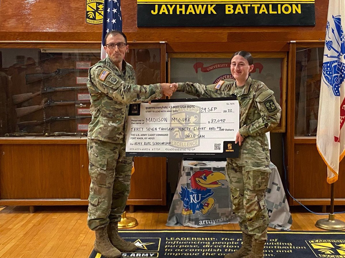 KU_ArmyROTC's tweet photo. #3 Congratulations to our first set of scholarship winners! Interested in ROTC scholarships?
Contact us at kuarmyrotc@ku.edu
#learntolead #leaderswanted #3rdbdearmyrotc #3rdbrigadearmyrotc #3bde #decidetolead #jayhawkbattalion @GoArmy @ArmyROTC https://t.co/FtsNytsK26