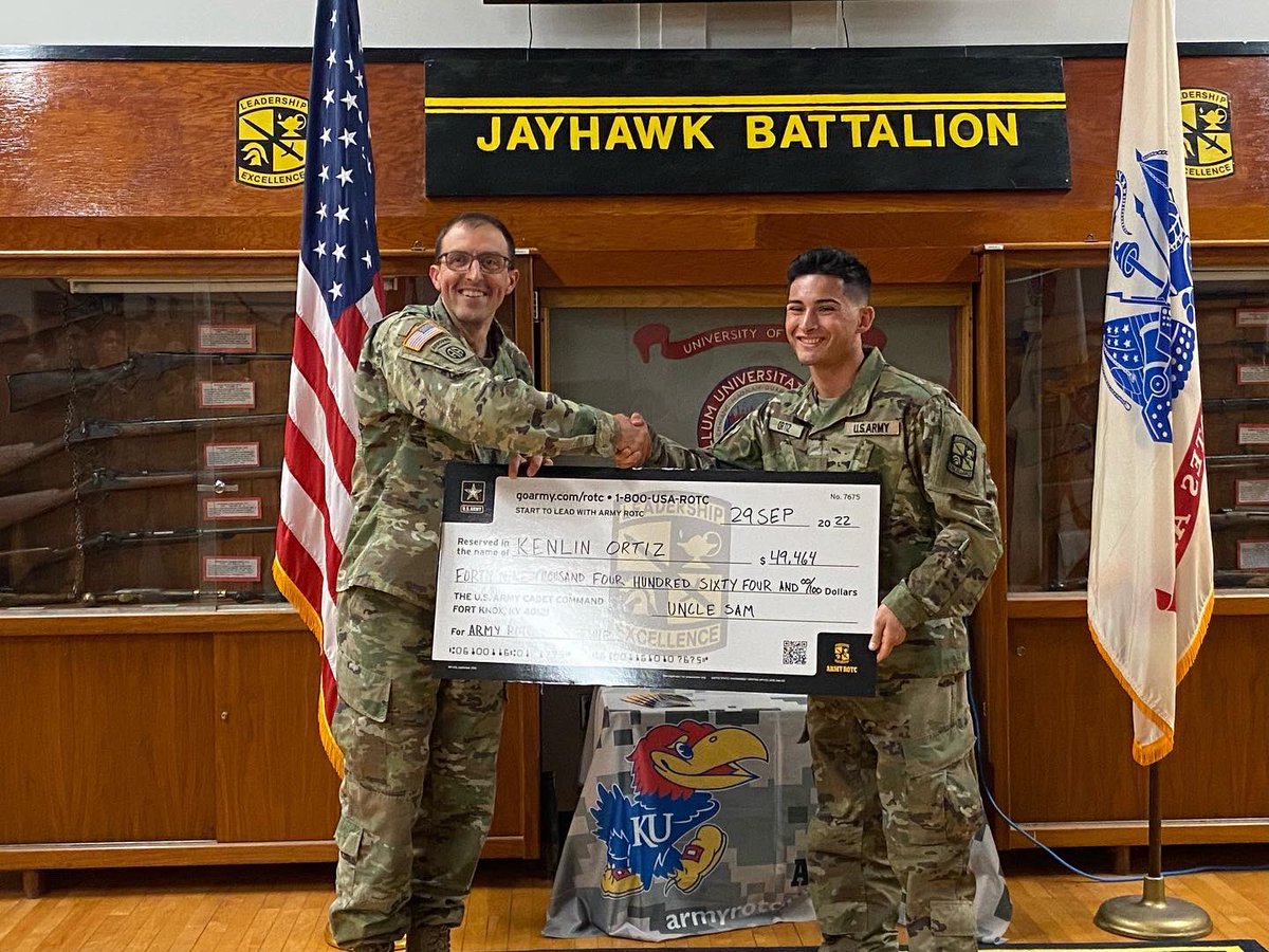 KU_ArmyROTC's tweet photo. #3 Congratulations to our first set of scholarship winners! Interested in ROTC scholarships?
Contact us at kuarmyrotc@ku.edu
#learntolead #leaderswanted #3rdbdearmyrotc #3rdbrigadearmyrotc #3bde #decidetolead #jayhawkbattalion @GoArmy @ArmyROTC https://t.co/FtsNytsK26