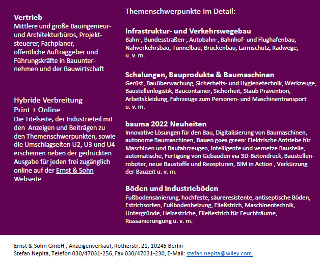 Ich wünsche Allen ein schönes verlängertes Wochenende und verabschiede mich bis Dienstag mit der Themenvorschau von Beton- und Stahlbetonbau 11-2022 #Infrastrukturbau #Verkehrswegebau #Schalung #bauma #Böden u. v. m. tinyurl.com/yxs78byd
