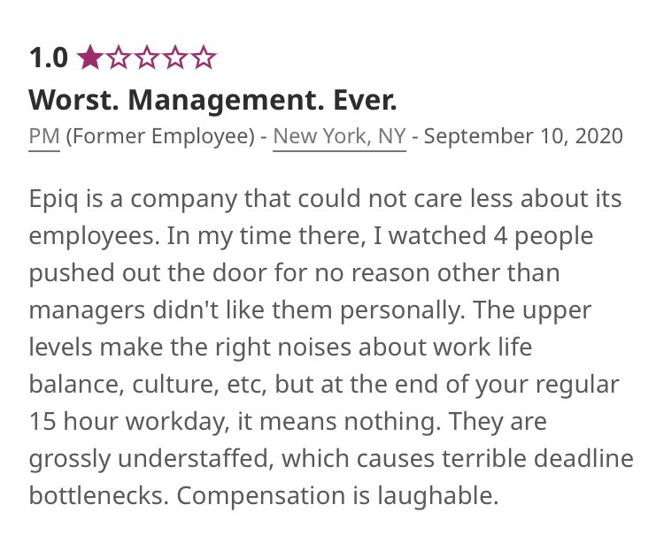 ExposingEpiq's tweet photo. Epiq is a company that could not care less about its employees. In my time there, I watched 4 people pushed out the door for no reason other than managers didn’t like them personally.

#toxicworkplace #management #meangirls #indeed #epiqfail https://t.co/2gbr4T3UwL