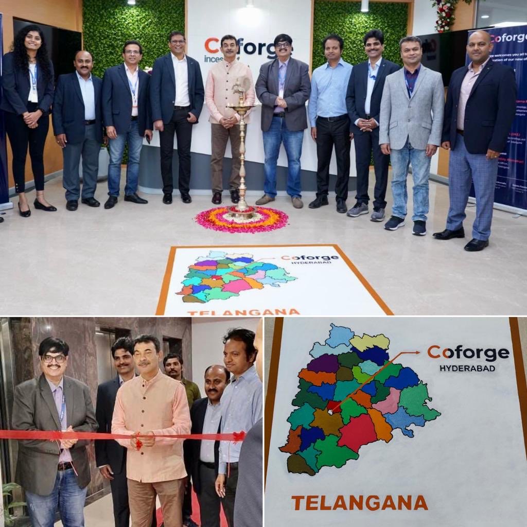 jayesh_ranjan's tweet photo. ⁦@Coforge_Tech⁩ (formerly NIIT Tech) moved into a new office. 5 yrs ago, they had invited Minister ⁦@KTRTRS⁩ and me for an event. They had 400 staff. Today they have grown to 2000. Yet another success story of the Hyd tech landscape. Do notice the exquisite Rangoli ! https://t.co/glrdDaw1rQ