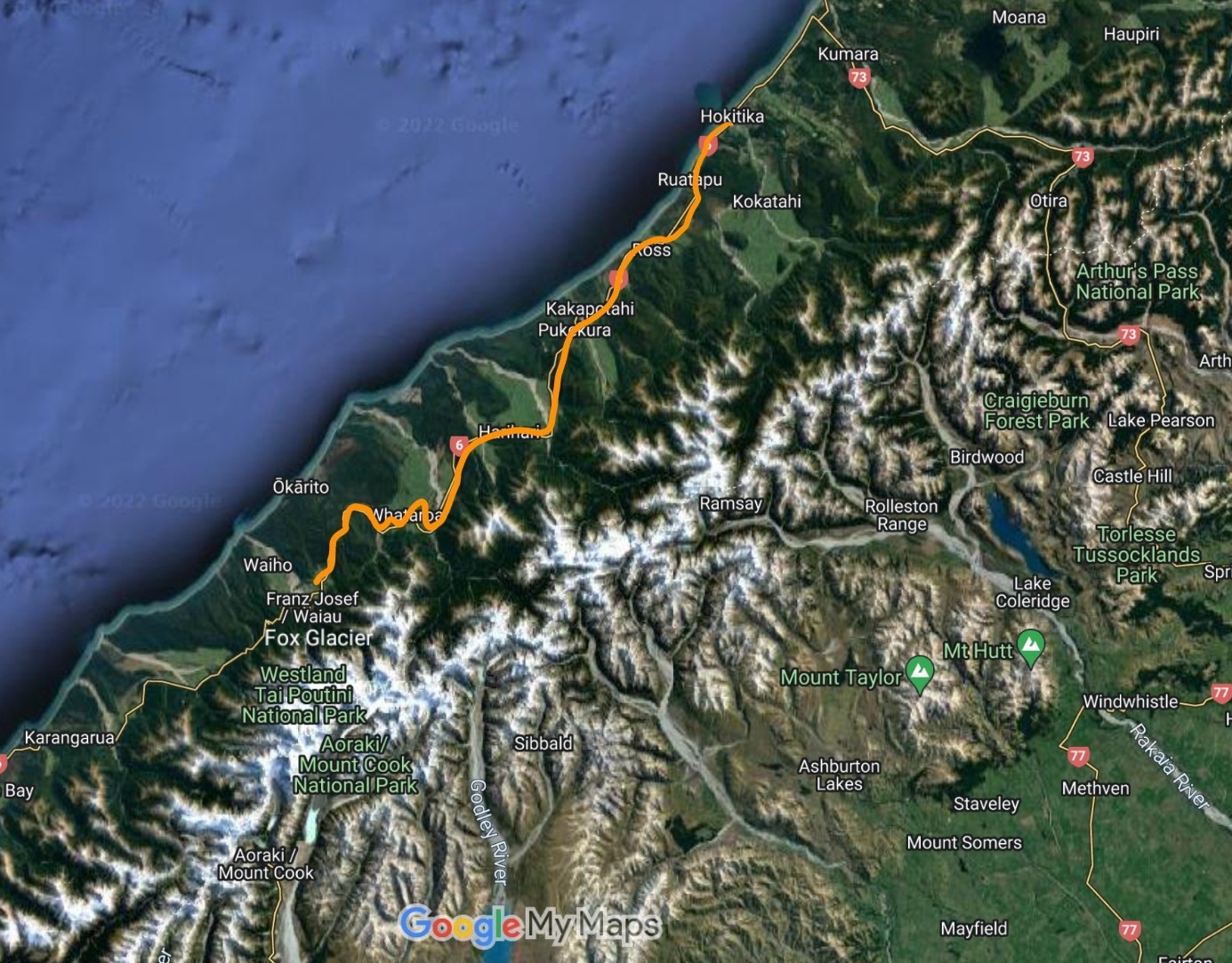 Map of Hokitika to Fox Glacier 