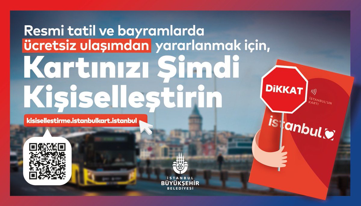 İSTANBUL KARTLARINIZI LÜTFEN KİŞİSELLEŞTİRİN! Milli ve dini bayramlarda İstanbul’da ücretsiz toplu ulaşım hizmeti sağlıyoruz. Bu hak sadece TC vatandaşlarını ve hak sahibi yabancıları kapsıyor. Bu kapsamın dışındakiler 29 Ekim itibariyle ücretsiz ulaşımdan faydalanamayacak.