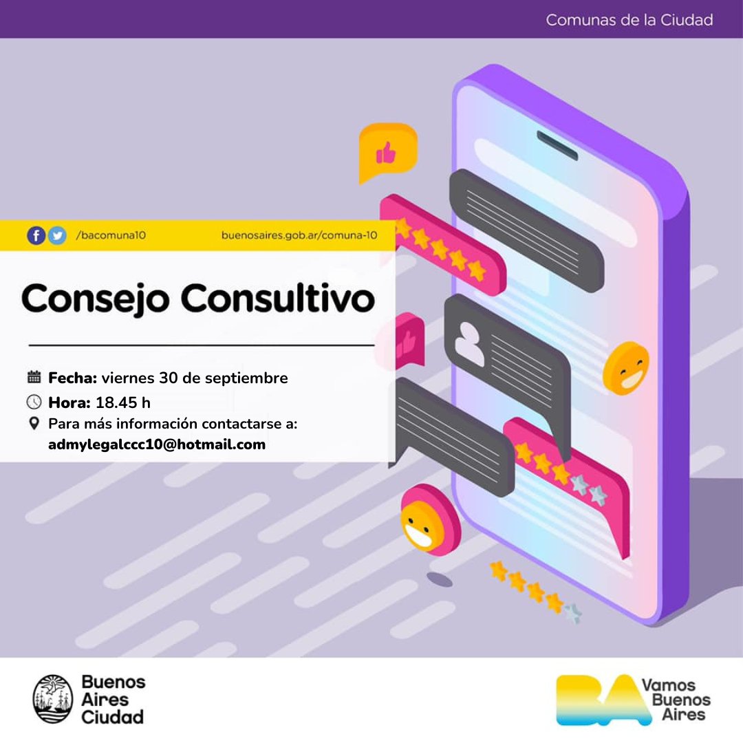 📆 Hoy, viernes 30 de septiembre a las 18.45 h 🕐, se realizará una reunión virtual del Consejo Consultivo Comunal.

👉🏻 Para participar envía un mail a: admylegalccc10@gmail.com