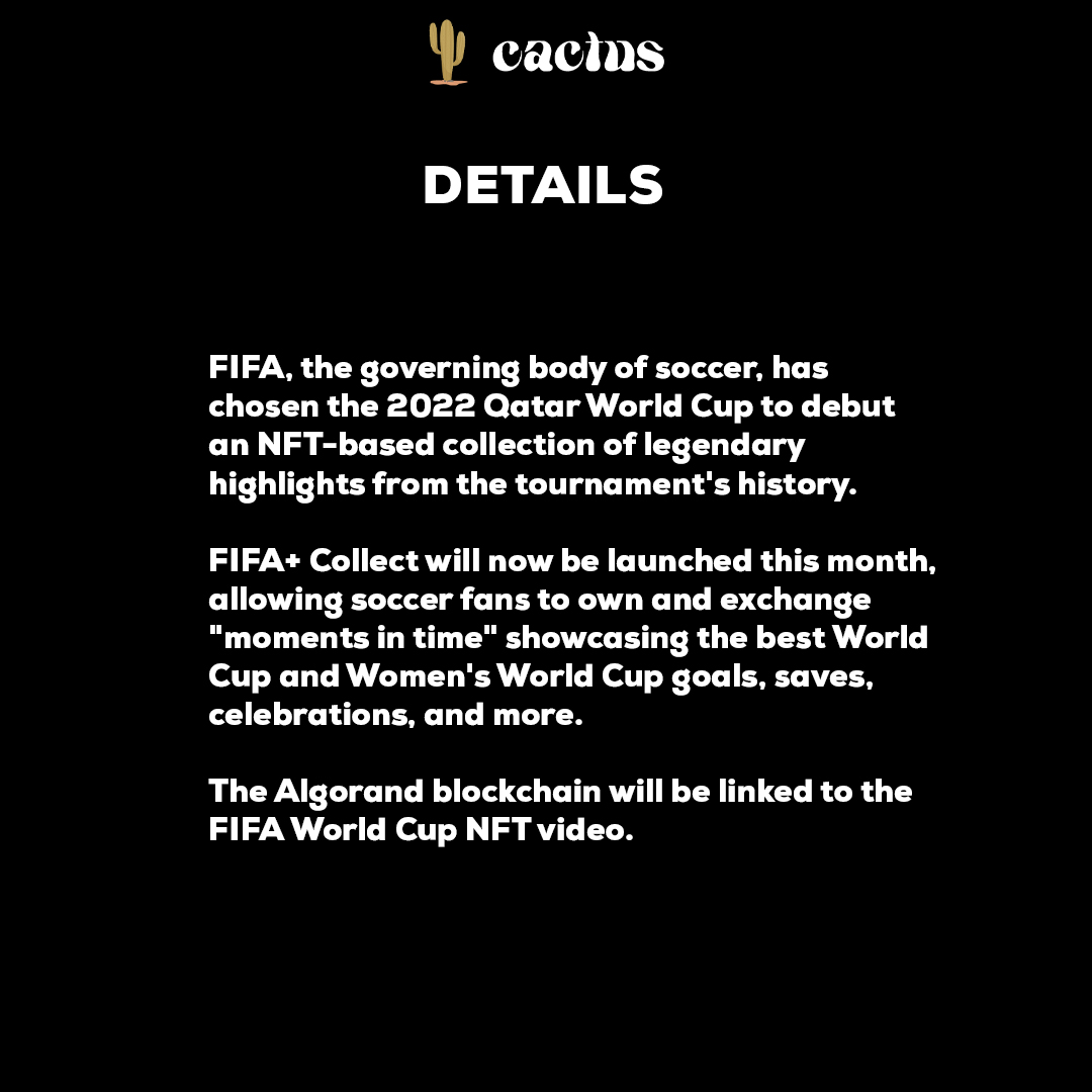 CactusNftspace's tweet photo. Soccer’s governing body FIFA has chosen the occasion of the 2022 Qatar World Cup to launch an NFT-based (non-fungible token) collection of classic clips from the history of the international soccer tournament.
.
#NFTcolletion #Web3Games #Metaverse #cryptocurrencies #Crypto https://t.co/HNs0oxSwhS