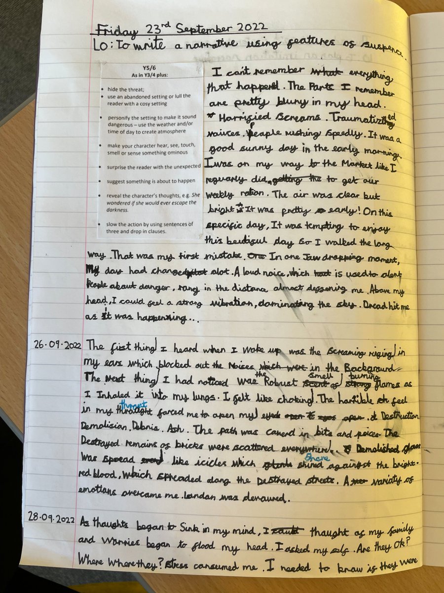 This week in Year 5 and 6 DG we have been completing our shared write where we have innovated the model text so it is set in WW2. Here is a fantastic example from Musa. Well done!