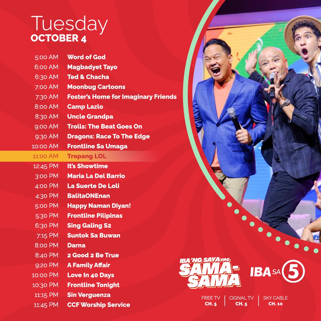 Is Tuesday your new Monday? Don't worry, dahil magkakatropa at magkakapatid tayo sa tawanan, drama, balitaan, at kung ano-ano pang ganap sa buhay! Mag-enjoy na kasama ang happy pill natin tuwing umaga, #TropangLOLTV5!

#IBAngSayaPagSamaSama
<a href="/wackykiray/">Wacky Kiray</a> <a href="/angbayani/">Bayani Agbayani</a> <a href="/tropang_LOL/">Tropang LOL</a>