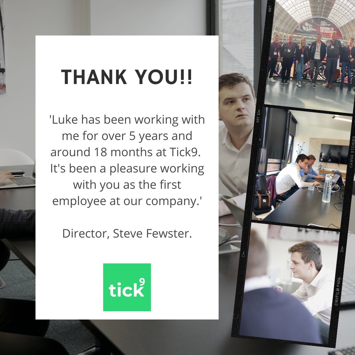 Tick9ltd's tweet photo. Today is officially @lukearran's last day with us at Tick9. Luke has been an excellent employee and the whole team wish him well in his future endeavours.

Our Director, @SteveFewster, has given his message to Luke. To see the full post visit our LinkedIn: https://t.co/oSTSd2pDQ2 https://t.co/zLf6wwc7h0