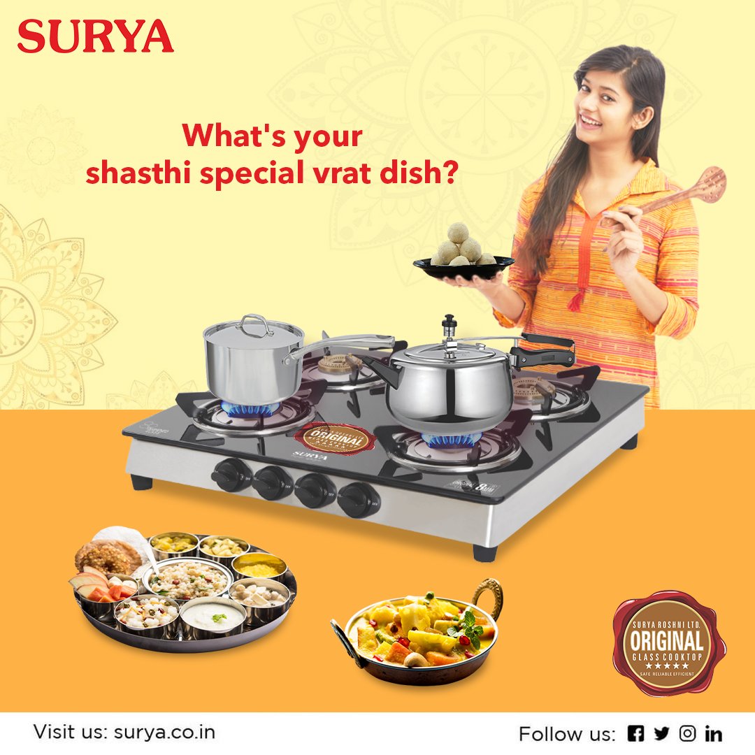 surya_roshni's tweet photo. Cook multiple vrat dishes this Navaratri with the help of the Surya Crystal 4 Burner Glass Cooktop. Whenever you buy Surya Glass Cooktop always look for the original surya logo.

Visit us at- https://t.co/YKFRQBpXmO

#Surya #SuryaAppliances #GlassCooktop #Navaratri #DurgaPuja https://t.co/Pl7QvD1oOV