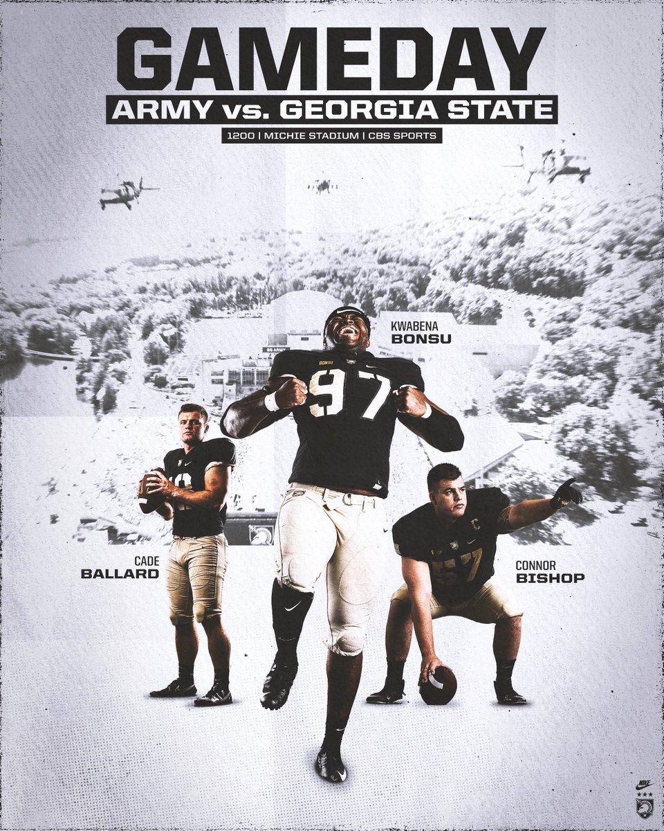 𝗚
𝗔
𝗠
𝗘
𝗗
𝗔
𝗬
‼️

🆚 Georgia State
🕛 12 PM
🏟 Michie Stadium
📺 <a href="/CBSSportsNet/">CBS Sports Network</a>
📱 thevarsitynetwork.com/audioapplink/s…
📊 goarmywestpoint.com/sidearmstats/f…

#GoArmy
