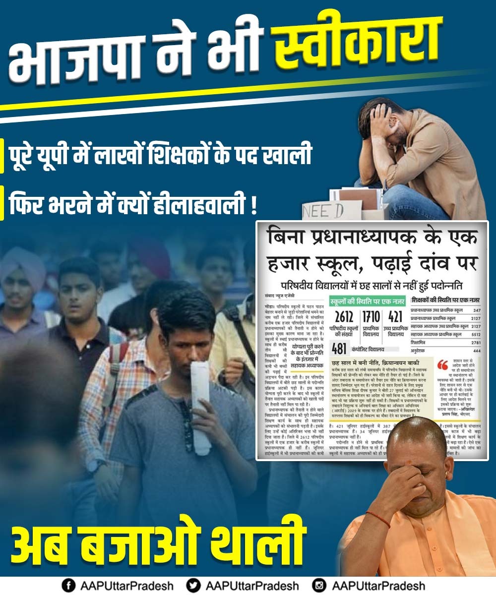 AAPUttarPradesh's tweet photo. ये हालत सिर्फ़ एक जिले की नहीं है पूरे उत्तर प्रदेश में लाखों शिक्षको के पद खाली हैं, 63 हज़ार रिक्त पदों की बात तो खुद भाजपा ने कबूली है, फिर भी आदित्यनाथ सरकार शिक्षकों के पद भरने में हीलाहवाली कर रही है।

आदित्यनाथ जी, क्या आप प्रदेश के नौजवानों को बेरोज़गार रखना चाह रहे हैं! https://t.co/XS17pspe49