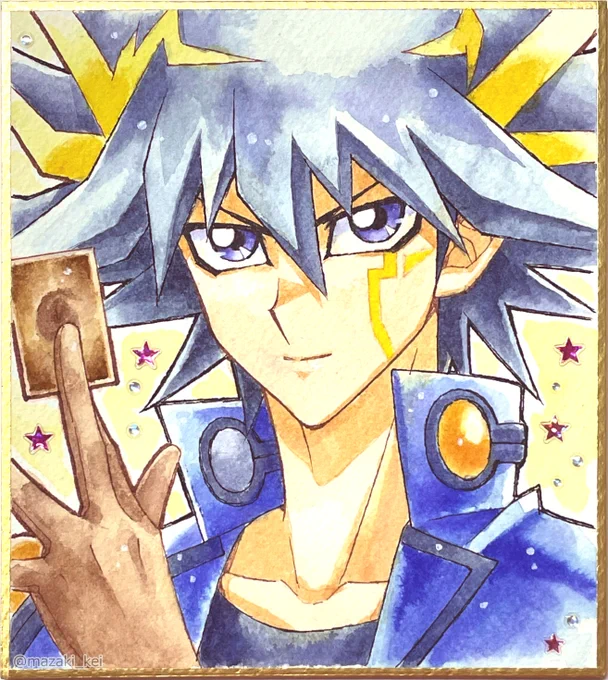 YGO 5D's 遊星 クロウ GX ヨハン使用画材:ホワイトアイビス水彩紙1/4色紙, コピックマルチライナー, カラーシャーペン, ホルベイン水彩, ドクターマーチン, シグノ太字ホワイト, TSUTAYAで買ったキラキラしたシール 