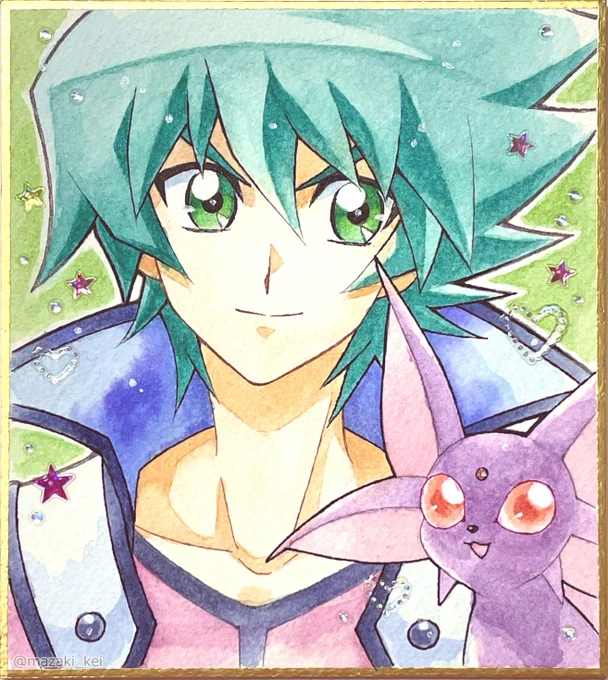 YGO 5D's 遊星 クロウ GX ヨハン使用画材:ホワイトアイビス水彩紙1/4色紙, コピックマルチライナー, カラーシャーペン, ホルベイン水彩, ドクターマーチン, シグノ太字ホワイト, TSUTAYAで買ったキラキラしたシール 