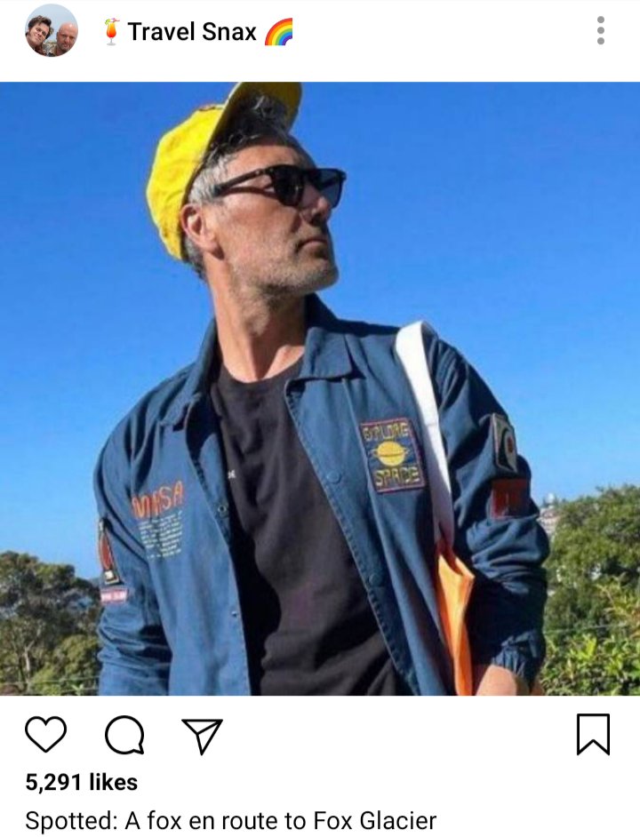 Lucius IG: image of Ed standing and looking off camera. Caption reads "Spotted: a fox en route to Fox Glacier" 