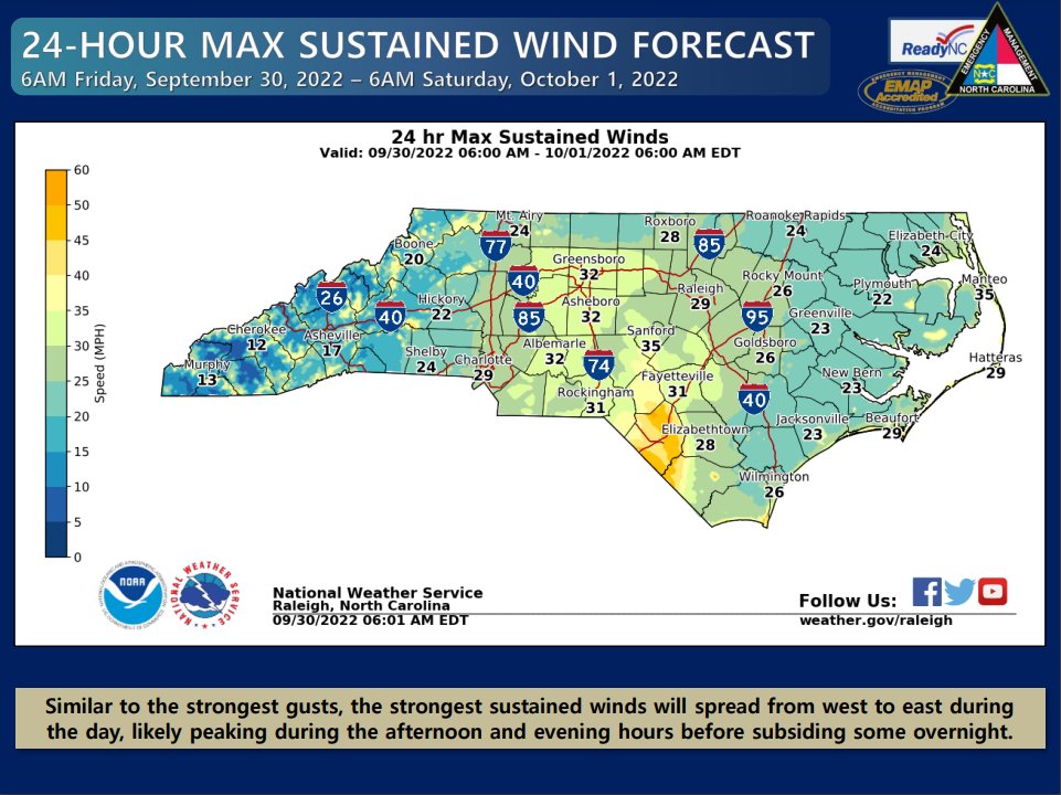NCEmergency's tweet photo. 💨Gusty winds will continue today, peaking this afternoon and into the overnight hours. Most areas along and east of the I-77 corridor, and also higher elevations of western NC will see peak wind gusts of 35-55 mph. Stronger gusts up to 75 mph are possible across southeastern NC. https://t.co/R8j4DEJz9U