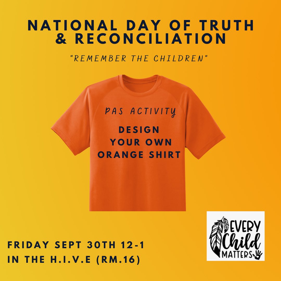 On National Truth &amp; Reconciliation Day we’ve got some learning &amp; engagement activities for you! Come to rm 1 at 9:40, and head to the H.I.V.E at lunch to keep engaging.  #rememberthechildren #noreconciliationwithouttruth @peelschools @pas_south_peel #pasproud @orangeshirtsociety