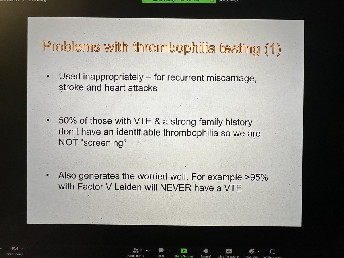 Geoff Barnes (@gbarnesmd) on Twitter photo .<a href="/bhwords/">Professor Beverley Hunt OBE (also on BlueSky)</a> reminds us about the limitations of “thrombophilia testing.” Did you know that 95% of people with heterozygous Factor V Leiden will never develop #VTE? Be very selective in whom (and when) you test. #PERT2022 .<a href="/bhwords/">Professor Beverley Hunt OBE (also on BlueSky)</a> reminds us about the limitations of “thrombophilia testing.” Did you know that 95% of people with heterozygous Factor V Leiden will never develop #VTE? Be very selective in whom (and when) you test. #PERT2022
