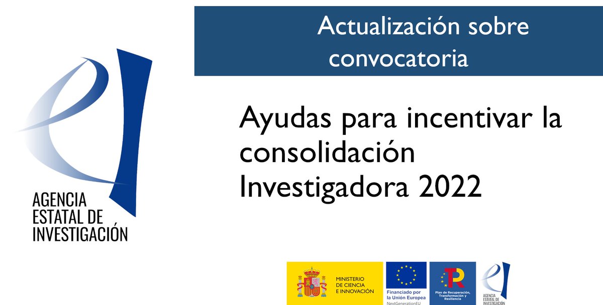 AgEInves's tweet photo. ℹ️ La @AgEInves actualiza información de la nueva convocatoria 2022 de ayudas "Consolidación investigadora"
https://t.co/4KatMOukzh

📎 Publicada plantilla de memoria científico técnica y CVA
https://t.co/eBpUffqh3D

📼Webinar 4 octubre 12h https://t.co/eFZZ8L7EPA https://t.co/OO5QSs9Z6u