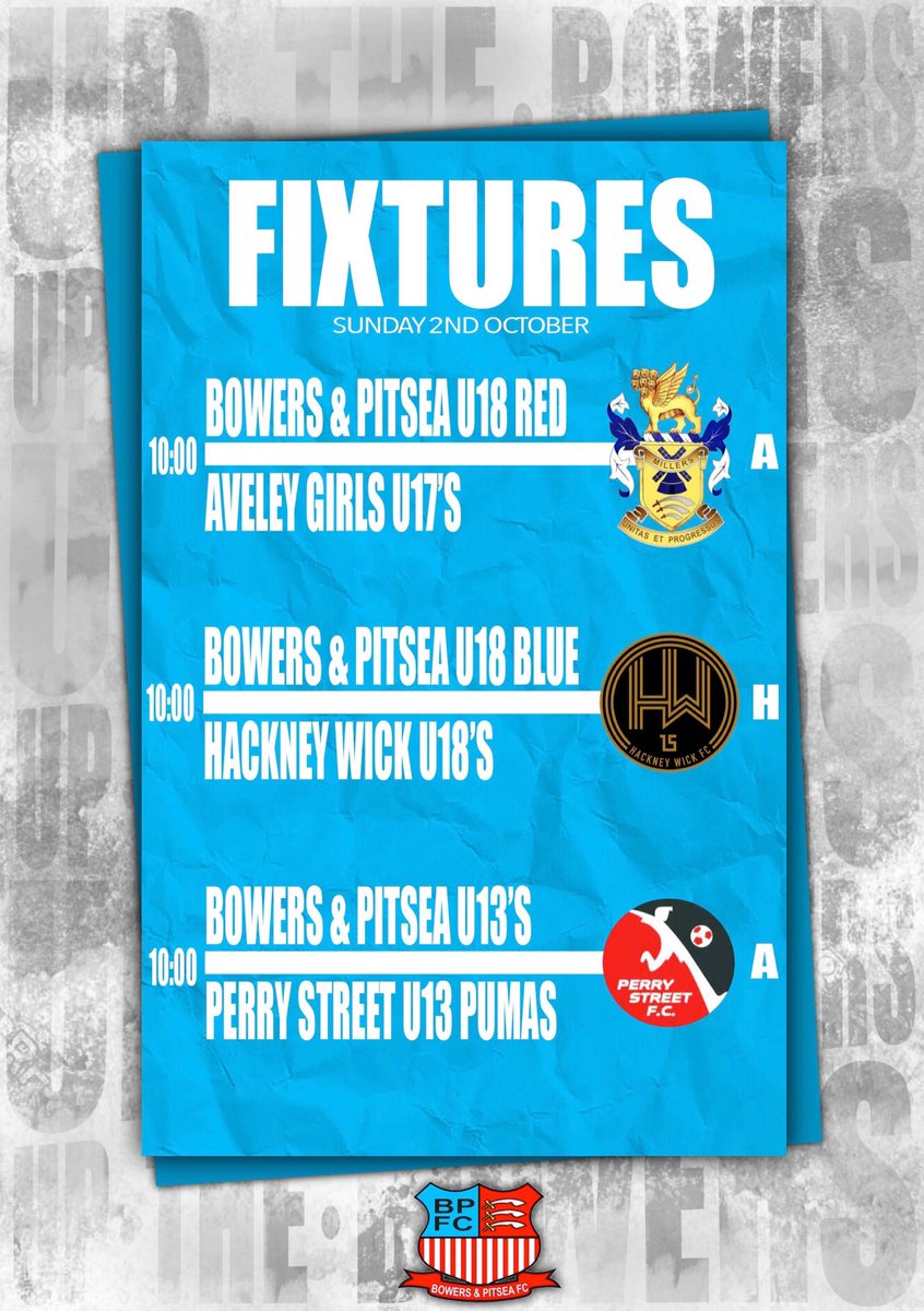 Just the three fixtures this weekend.
The U’14s will be mascots for the ladies first team as they take on Stevenage in the Vitality Womens Fa Cup
#UPTHEBOWERS
🔴⚪️