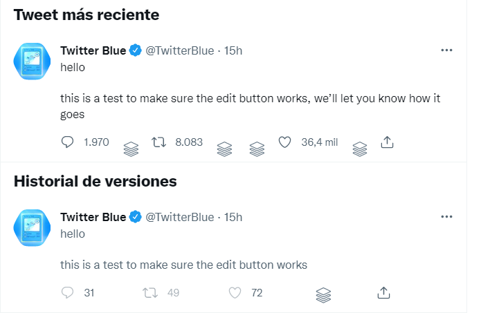Bien pensado el historial para la edición de tuits que se viene. 

Parece que la interacción se "reinicia", con lo que evitan el problema para un usuario de haber interactuado con un contenido que ha cambiado. 

x.com/TwitterBlue/st…