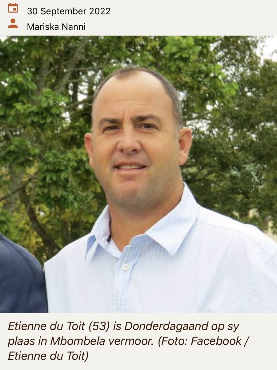 TheoDJager's tweet photo. In one of 3 violent farm attacks in South Africa yesterday, macadamia farmer Ettiene du Toit (53) of Mbombela was brutally murdered in his orchards while closing his irrigation valves. Nothing was stolen. This was the 7th farm murder in September, after 7 in August. https://t.co/ahwNEfATpX