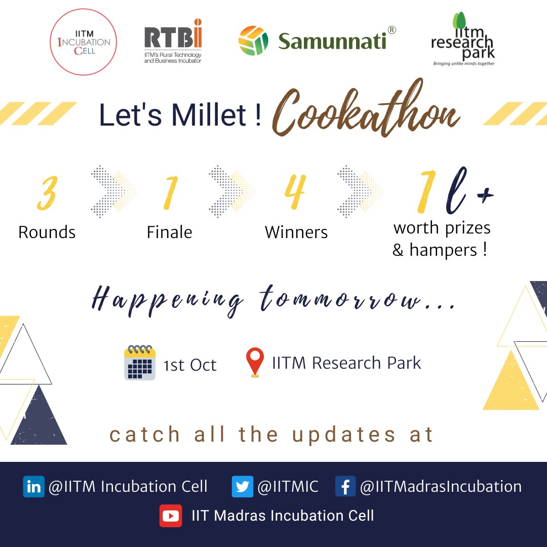 IITMIC's tweet photo. Are you as excited as we are? 3 rounds, 1 finale, cash prizes &amp; hampers to be won! Stay tuned to catch all the updates from our millet #Cookathon tomorrow - #LetsMillet!  @SamunnatiFin 
#milletcooking #healthycooking #healthyeating #milletrecipes #milletsofindia https://t.co/gyo0VaZ1zG