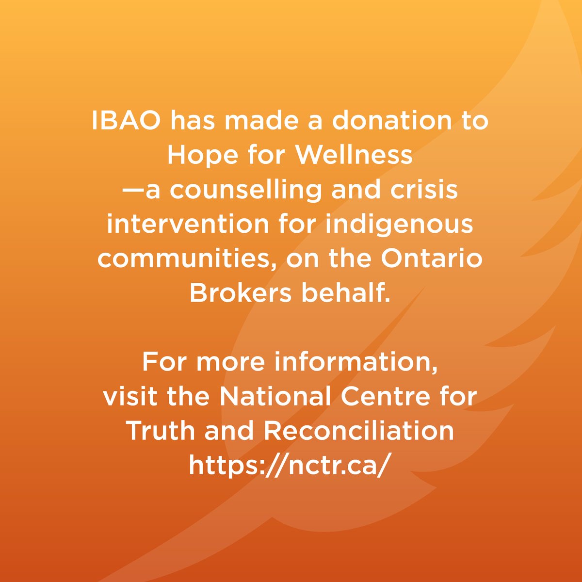 IBAOntario's tweet photo. Today is National Day for Truth and Reconciliation. The day honours the children who never returned home and survivors of residential schools. IBAO has made a donation to Hope for Wellness, on the Ontario Brokers behalf. To learn more, visit https://t.co/8whywBrG7a.

#September30 https://t.co/9PwzzLwoaK