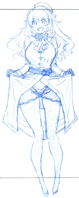 ちょっと落描きで艦これ愛宕さん。上着の下はどんな感じか尋ねたらはいはい♥とスカートも摘まんで見せてくれてパンツ見え(*'ω`*)

スカートがベルトで固定だったら…って妄想図です。 