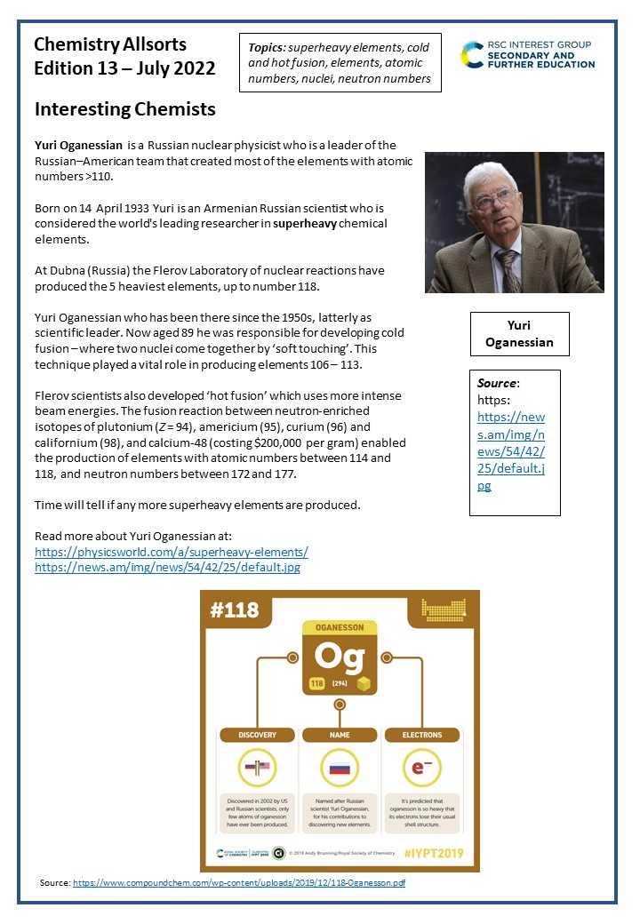 SFEd_RSC's tweet photo. *NEW* edition #13 of our @SFEd_RSC Chemical Allsorts.

Loads of interesting chemistry (Yuri Oganessian &amp; the element named after him) plus two puzzles for your students. 

Share with your colleagues &amp; students today!

https://t.co/66Q79iT2aK

#chemed #asechat #chemistry @RSC_EiC https://t.co/QIaPz0QQWf