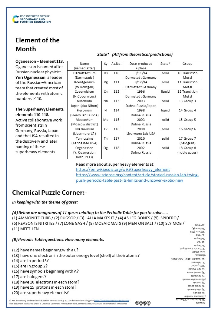 *NEW* edition #13 of our @SFEd_RSC Chemical Allsorts. Loads of interesting chemistry (Yuri Oganessian & the element named after him) plus two puzzles for your students. Share with your colleagues & students today! rscsafegroup.files.wordpress.com/2022/09/chemic… #chemed #asechat #chemistry @RSC_EiC