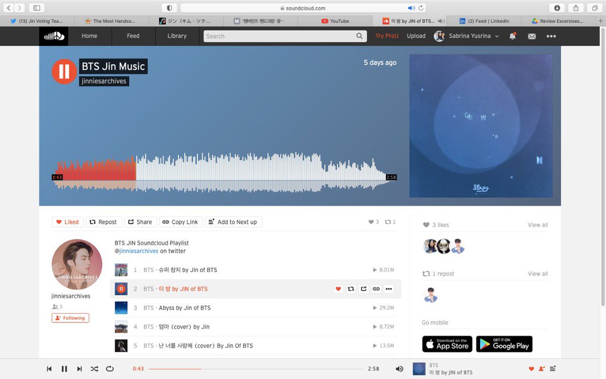 alpacajintae's tweet photo. @jinniesarchives 25
#TeamSoundcloud
Always listening to Yours #Yours_Jin & Super Tuna #SuperTuna_Jin by #방탄소년단진 #JIN of @BTS_twt https://t.co/OY8Uk6wDbn