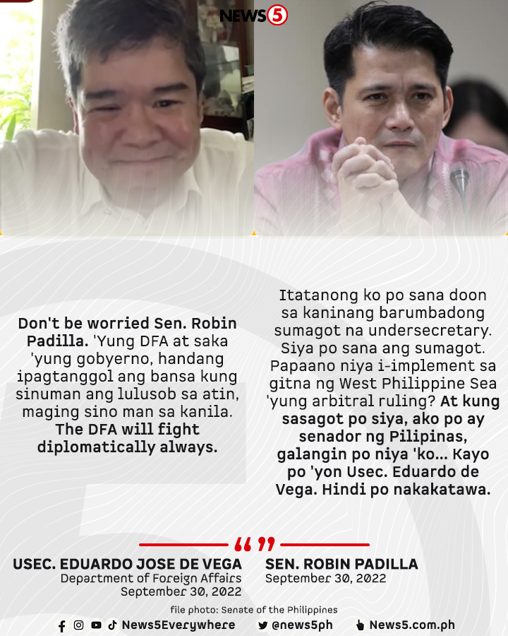 News5PH's tweet photo. Sandaling nagkatensyon sa pagdinig ng Senate Committee on Finance nang hindi magustuhan ni Sen. Robin Padilla ang paraan ng pagsagot ni Foreign Affairs Sec. Eduardo Jose de Vega. Namagitan na ang ibang senador at sinabing hindi naman nambabastos si de Vega. | via @maeannelosbanos https://t.co/qip8u3rmB1
