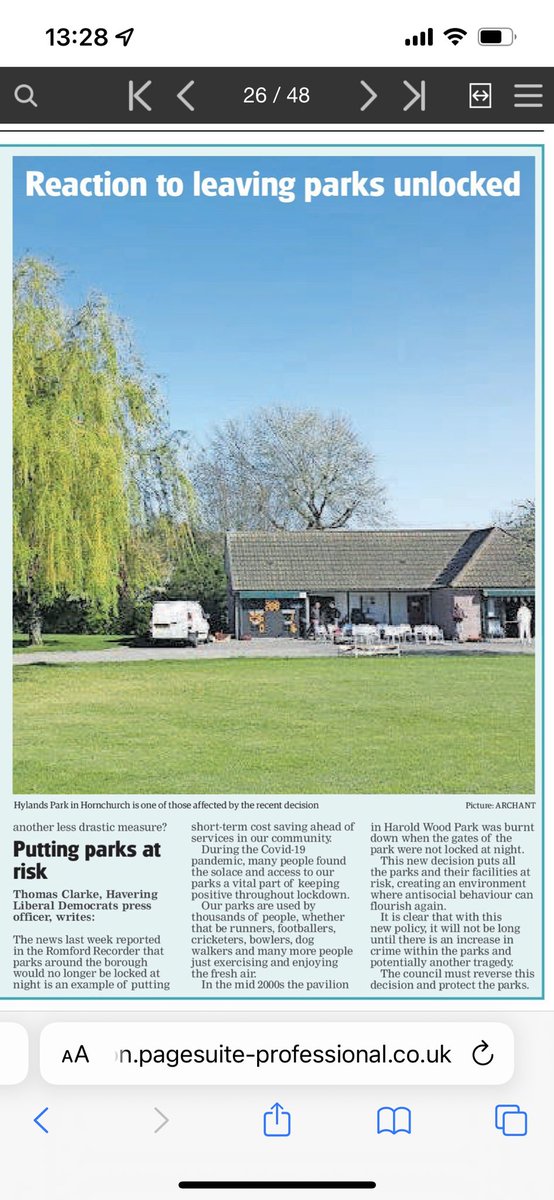 tpc1981's tweet image. One of the main reader letters in the @RomfordRecorder today - about the council’s horrendous decision to stop locking parks at night