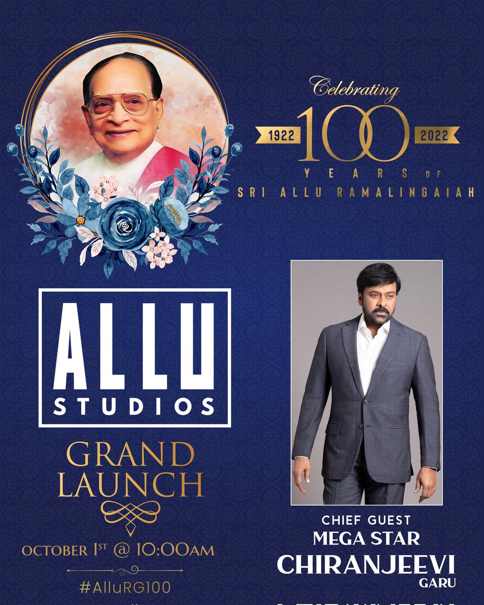 AlluStudios's tweet photo. On the eve of #AlluRamalingaiah garu’s 100th birth anniversary, Megastar @KChiruTweets garu will launch @AlluStudios tomorrow @ 10 am.

The entire family will be present to celebrate the occasion and the new milestone.

#AlluRG100 ✨ https://t.co/e2vMP19nke