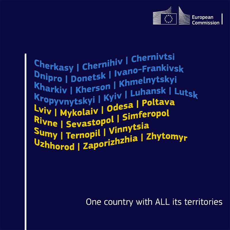 EU_Commission's tweet photo. Crimea, Kherson, Zaporizhzhia, Donetsk and Luhansk are Ukraine.

The EU does not and will never recognise this illegal annexation.

We are strengthening our sanctions against Russia and will keep providing strong support to Ukraine, for as long as it takes.

#StandWithUkraine