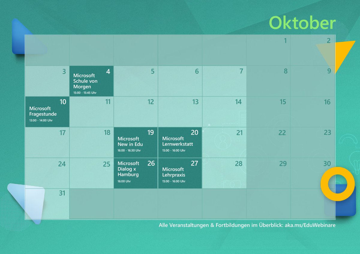 MsftBildung's tweet image. Unsere #FoBi-Party geht im Oktober mit spannenden Fortbildungen &amp;amp; Events weiter. Alle unsere Fortbildungen und Veranstaltungen für euch gibt&apos;s unter: msft.it/6012jAxJa 💡 
#TwitterLehrzimmer #DigitaleBildung
@ralfwigand @salexsinger @StefanMalter @schoope