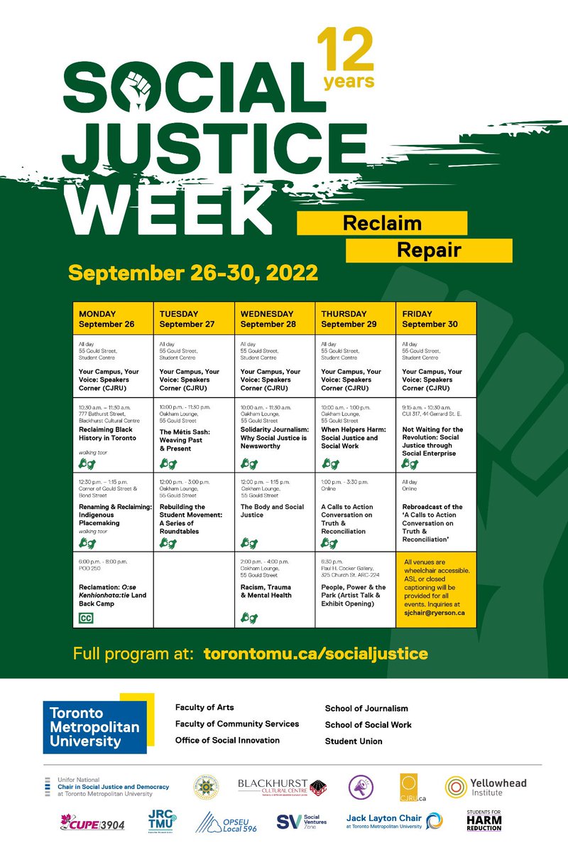 It's the last day of #SocialJusticeWeek2022!

Attend <a href="/SVZtmu/">Social Ventures Zone</a>'s Not Waiting for the Revolution: Social Justice through Social Enterprise at 9:15 am. Also, watch the rebroadcast of <a href="/Yellowhead_/">Yellowhead Institute</a>'s webinar on the TRC Calls to Action, available throughout the day!

@RyeSJChair