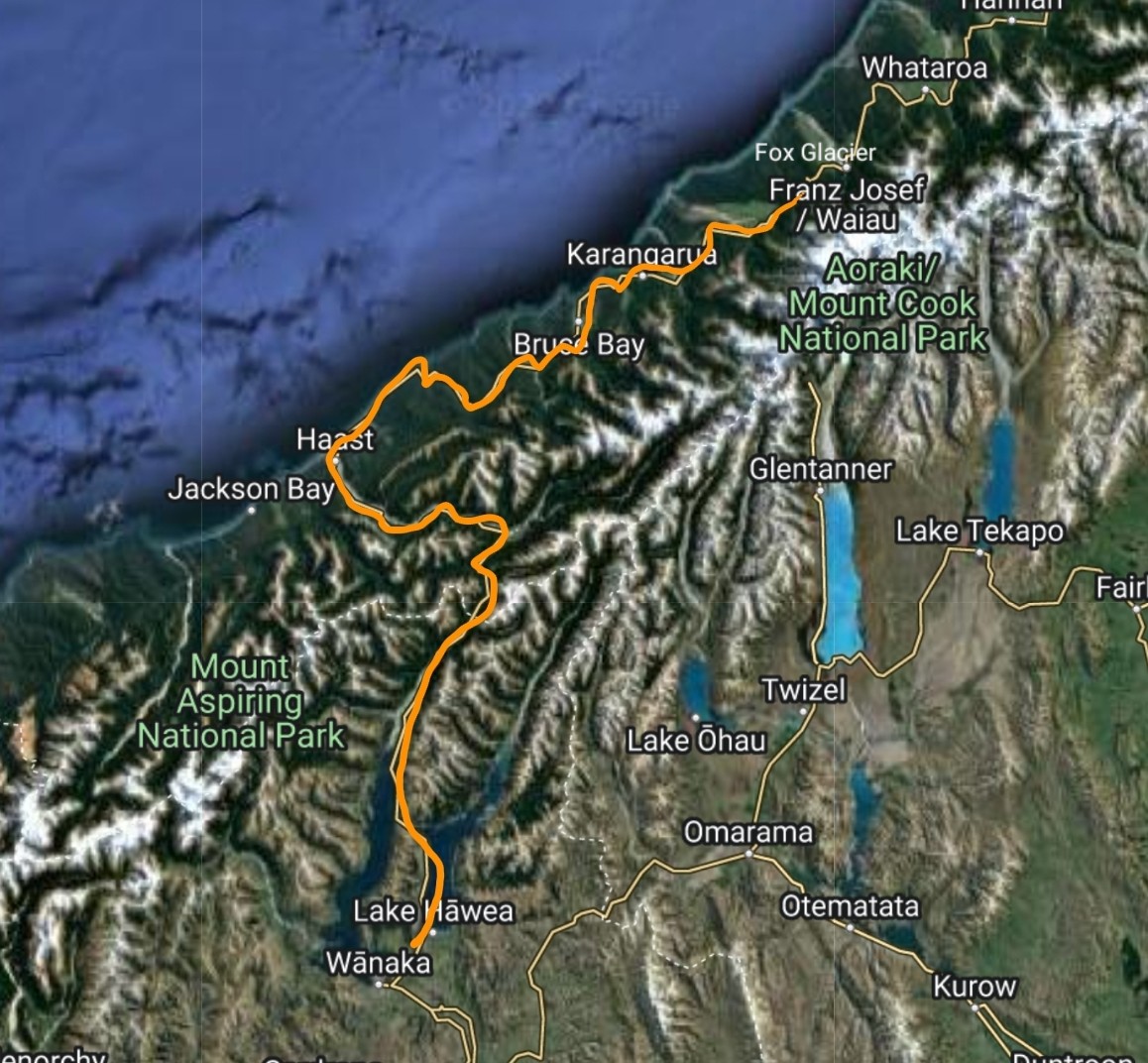 Map of Fox Glacier to Wanaka 