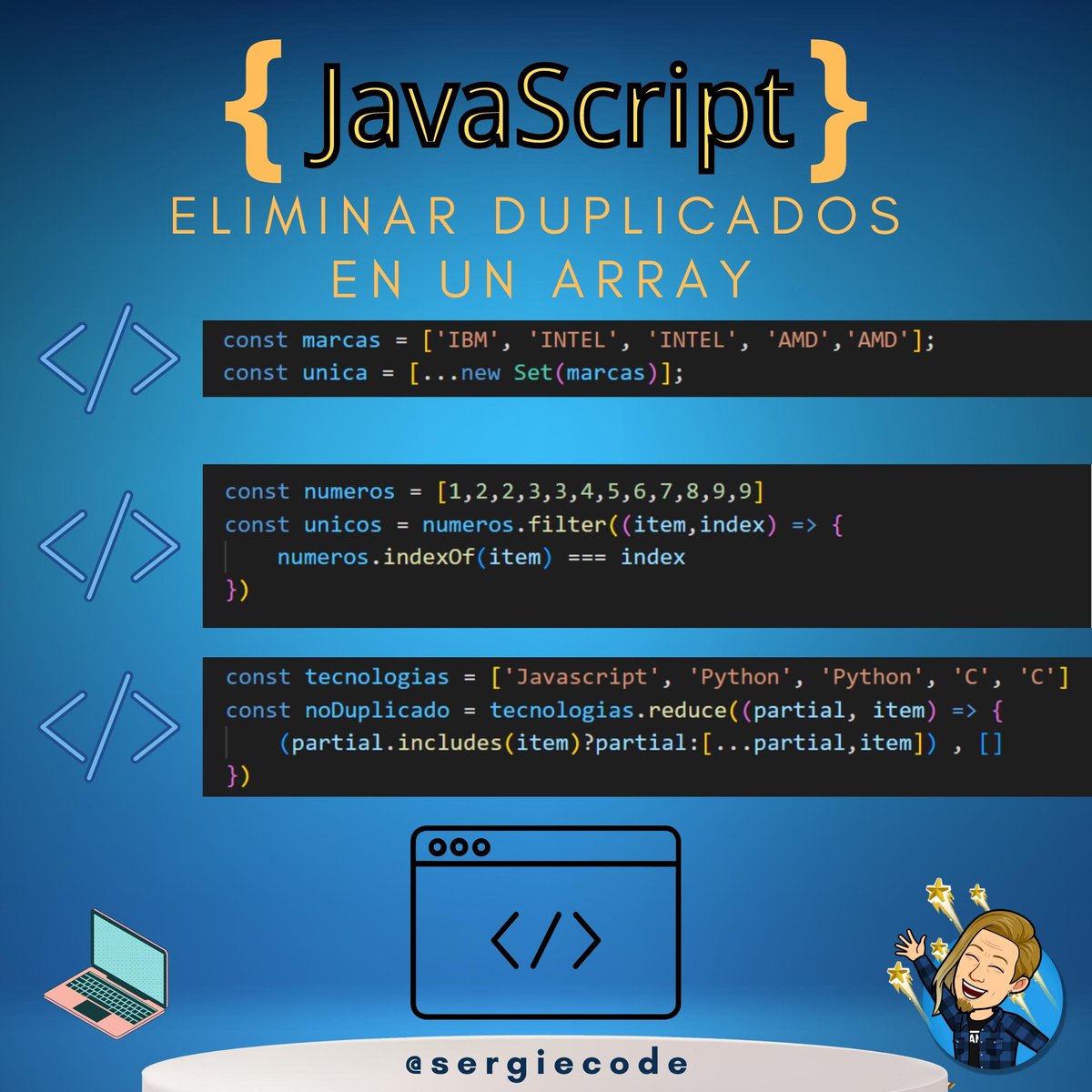 sergiecode's tweet image. 💡𝐉𝐀𝐕𝐀𝐒𝐂𝐑𝐈𝐏𝐓: 𝐞𝐥𝐢𝐦𝐢𝐧𝐚𝐫 𝐝𝐮𝐩𝐥𝐢𝐜𝐚𝐝𝐨𝐬 𝐞𝐧 𝐮𝐧 𝐚𝐫𝐫𝐚𝐲
#javacript #typescript #frontend #backend #node #nodejs #angular #angularjs #react #reactjs #dev #vuejs #fullstack #fullstackdeveloper #desarrolloweb #programacion #programador #desarrollador #js