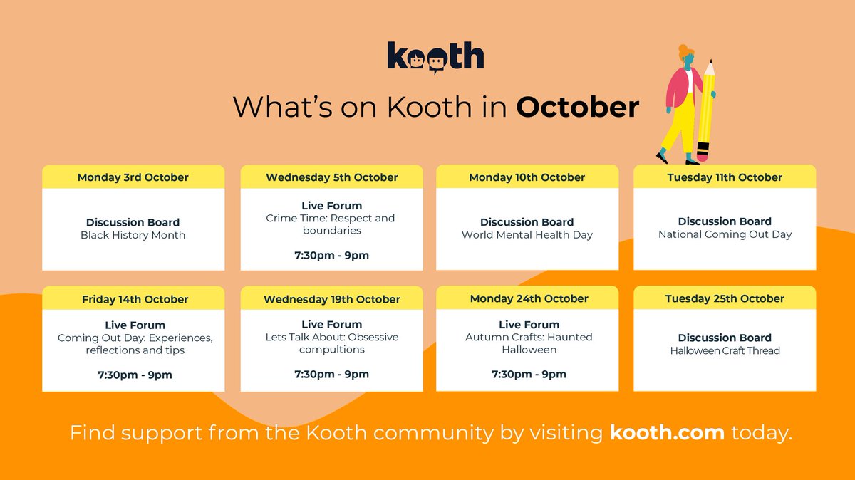 Let’s think about all things #kooth this #october! Here are some different ways we can support you other than our weekly therapy services. Come and get involved ☺️ #northlondon #barking #dagenham #havering #redbridge #cityoflondon #hackney #towerhamlets #newham #walthamforest